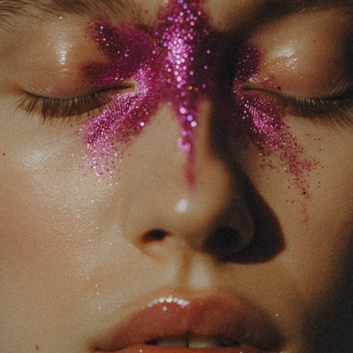 A close-up view of a woman with artistic makeup showcasing vibrant pink glitter applied in a striking design across her forehead.